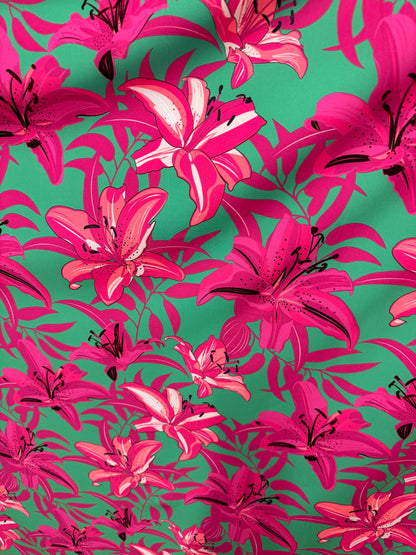 New flower design pink/green print on great quality of poly spandex 4-way stretch 58/60” Sold by the YD.