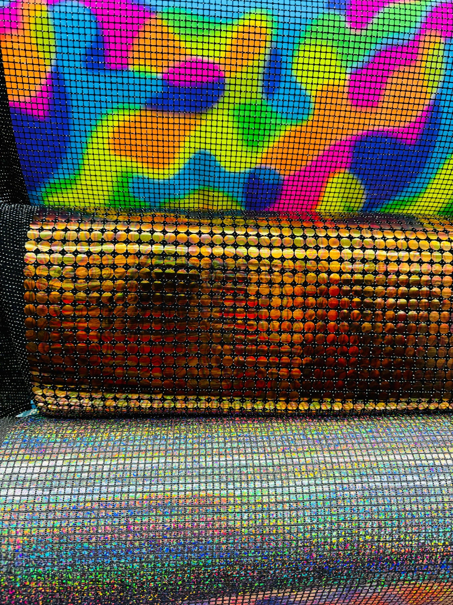 Geometric hologram sequins various designs all over on spandex metallic base 2-way stretch 58/60” High quality fabrics by AlexLAFabrics