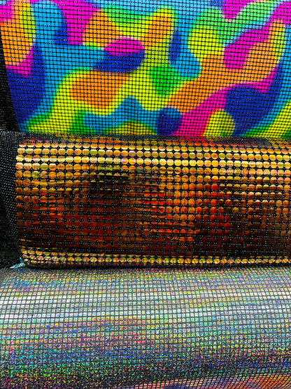 Geometric hologram sequins various designs all over on spandex metallic base 2-way stretch 58/60” High quality fabrics by AlexLAFabrics
