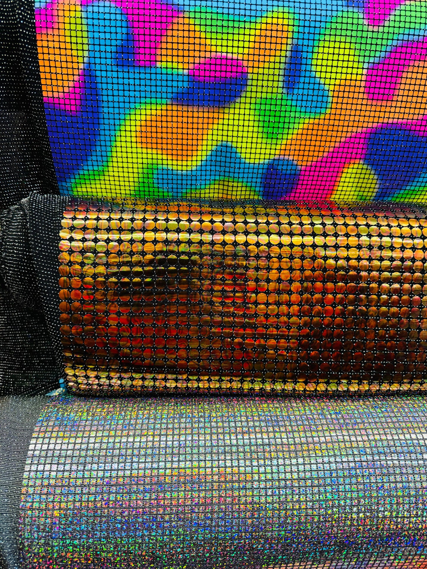 Geometric hologram sequins various designs all over on spandex metallic base 2-way stretch 58/60” High quality fabrics by AlexLAFabrics
