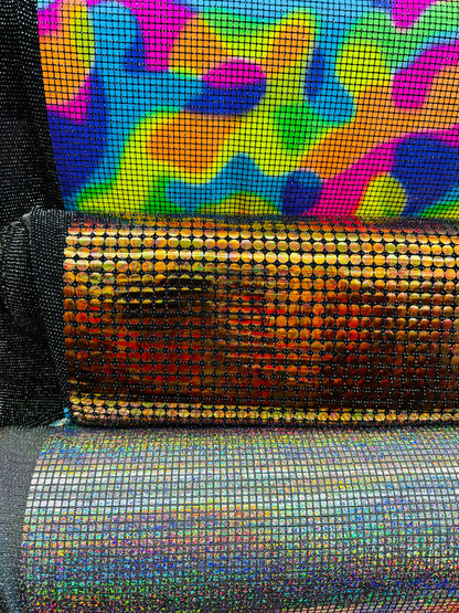 Geometric hologram sequins various designs all over on spandex metallic base 2-way stretch 58/60” High quality fabrics by AlexLAFabrics
