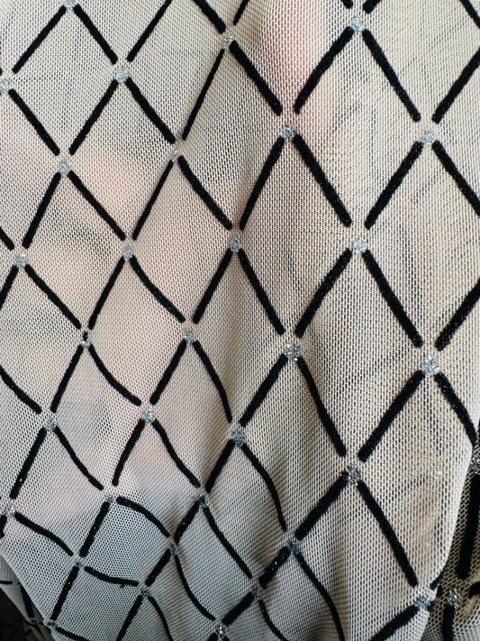 Diamond design spandex power mesh with flocking Nude/Black and Black/Silver  4-way stretch 58/60”