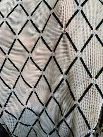 Diamond design spandex power mesh with flocking Nude/Black and Black/Silver  4-way stretch 58/60”