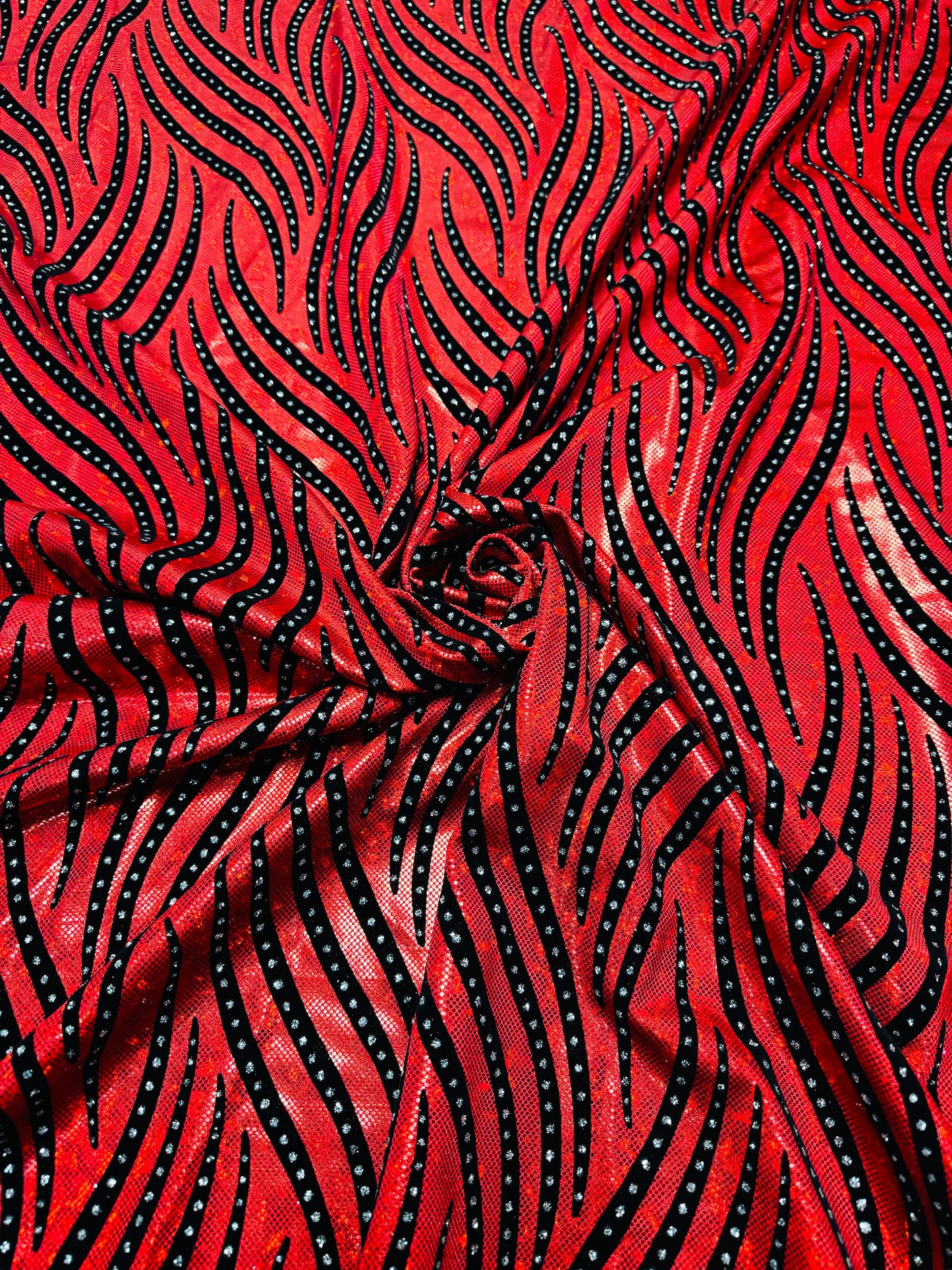 Flames Deluxe design hologram shattered glass metallic nylon spandex 4-way stretch 58/60” High quality fabrics by AlexLAFabrics
