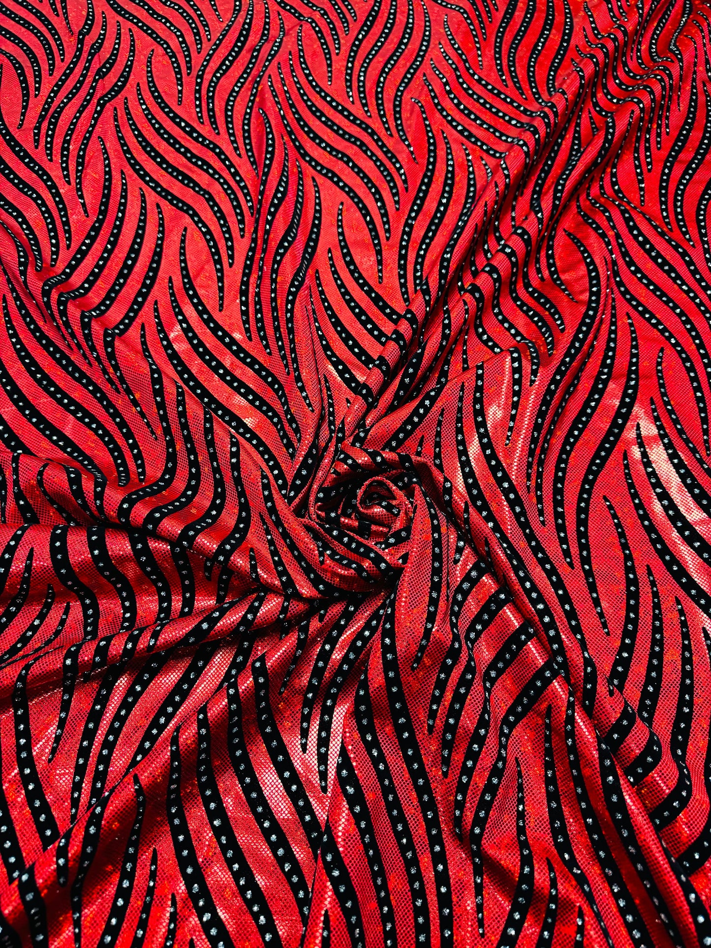 Flames Deluxe design hologram shattered glass metallic nylon spandex 4-way stretch 58/60” High quality fabrics by AlexLAFabrics