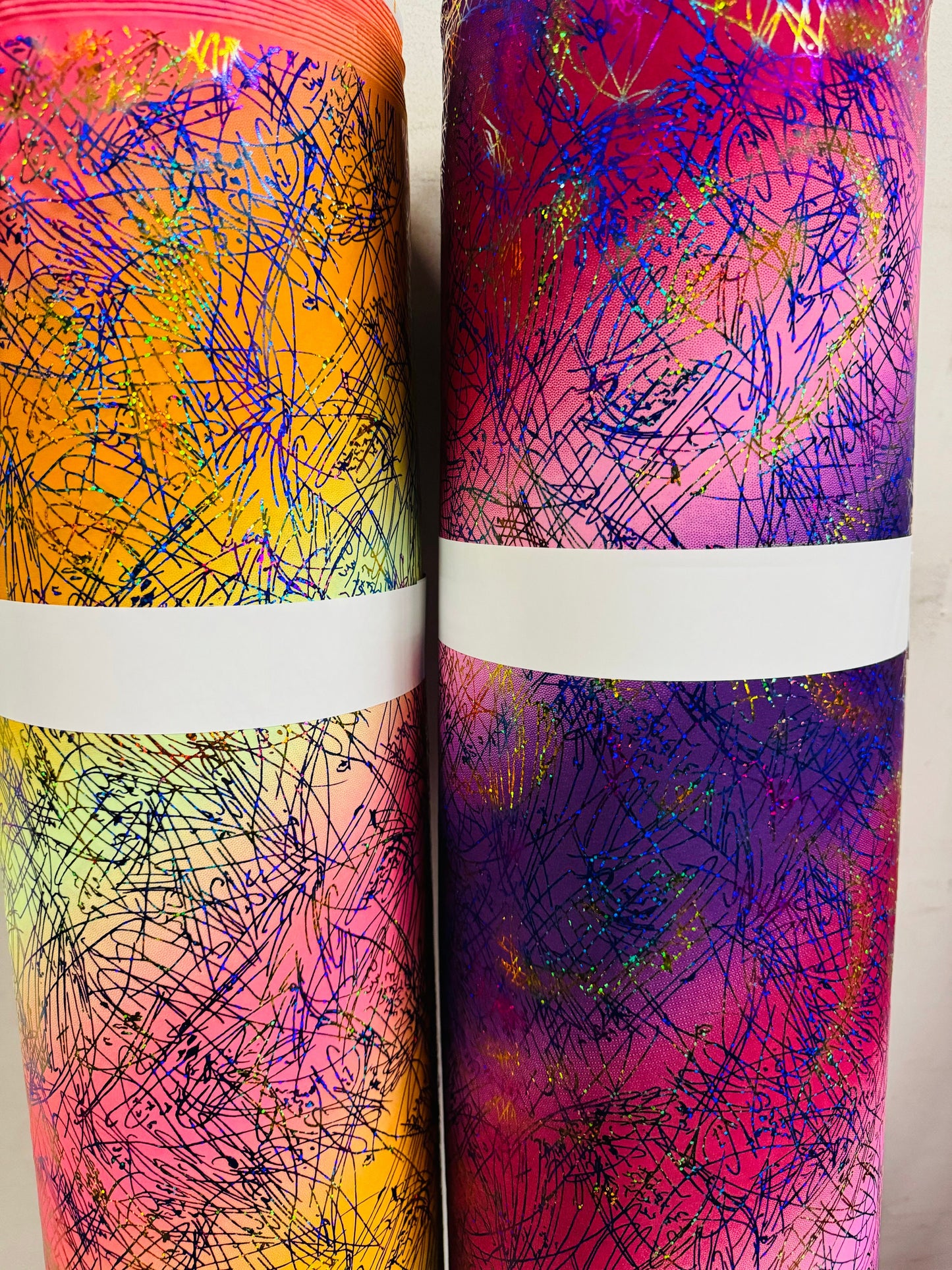 New tie dye Bang Bang design hologram metallic nylon spandex with hologram foil 4-way stretch 58/60”