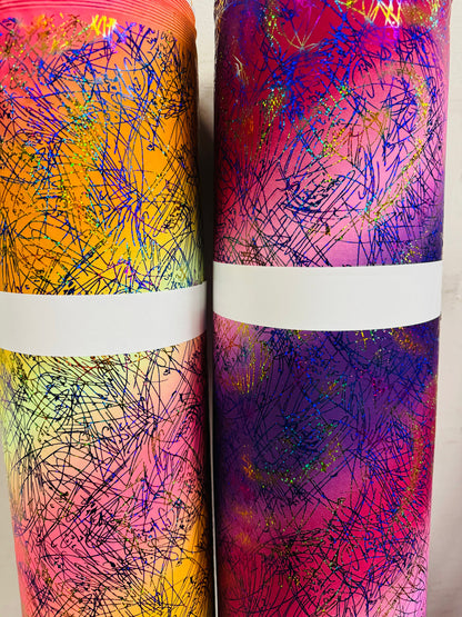 New tie dye Bang Bang design hologram metallic nylon spandex with hologram foil 4-way stretch 58/60”