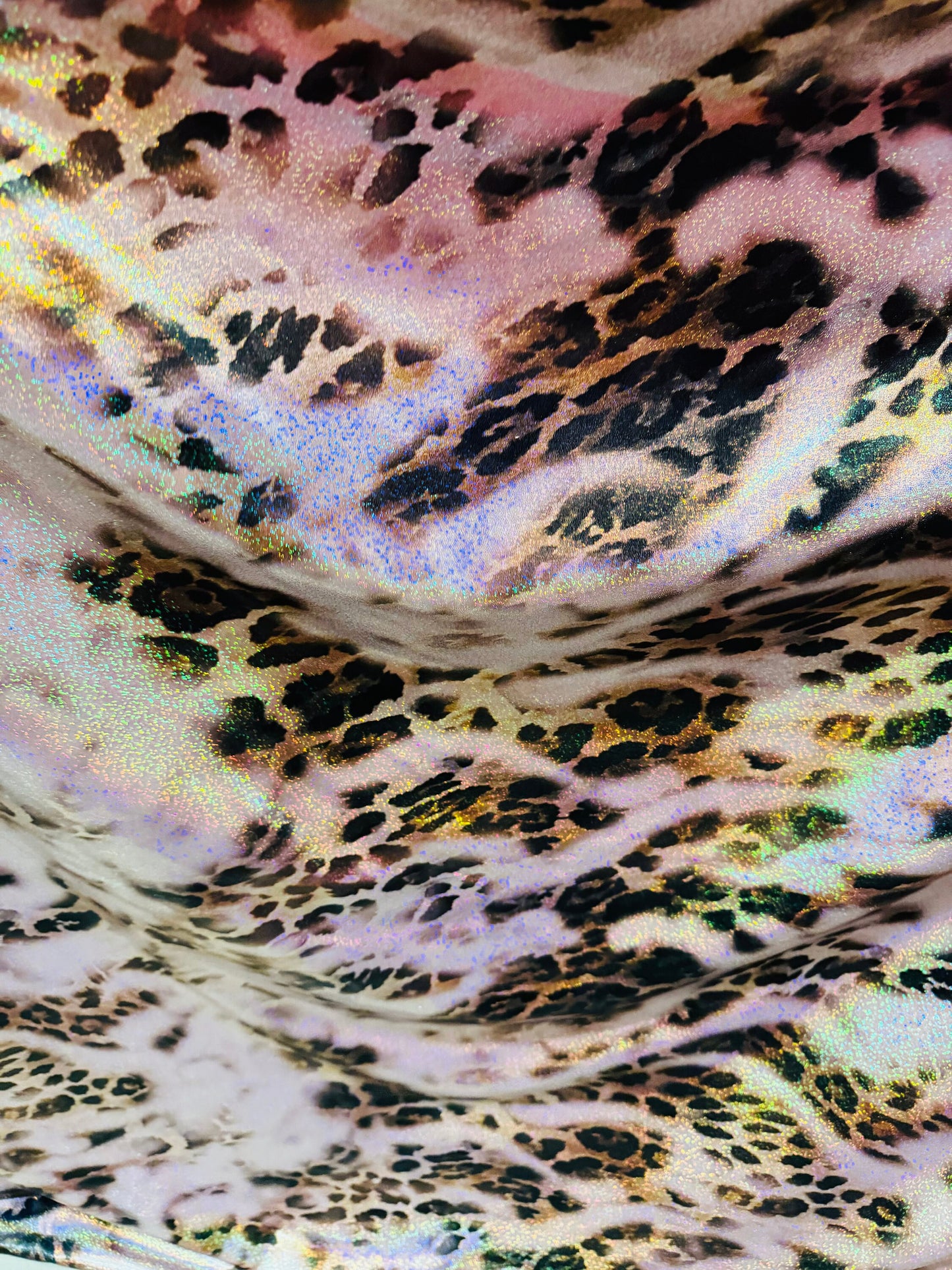 New Hiding Leopard design on metallic nylon spandex with hologram foil 4-way stretch 58/60” High quality fabrics by AlexLAFabrics