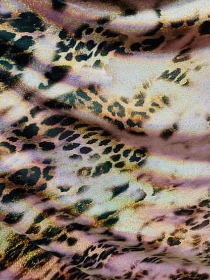 New Hiding Leopard design on metallic nylon spandex with hologram foil 4-way stretch 58/60” High quality fabrics by AlexLAFabrics