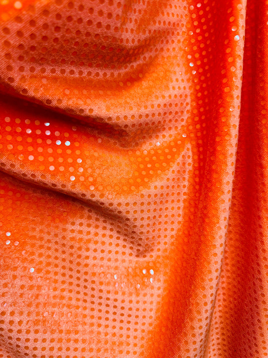 Neón Orange stretch velvet with sequins 4-way spandex 58/60” High quality fabrics by AlexLAFabrics