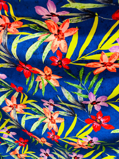 Hawaiian flower design sapphire/multi print on great quality of nylon spandex 4-way stretch 58/60”