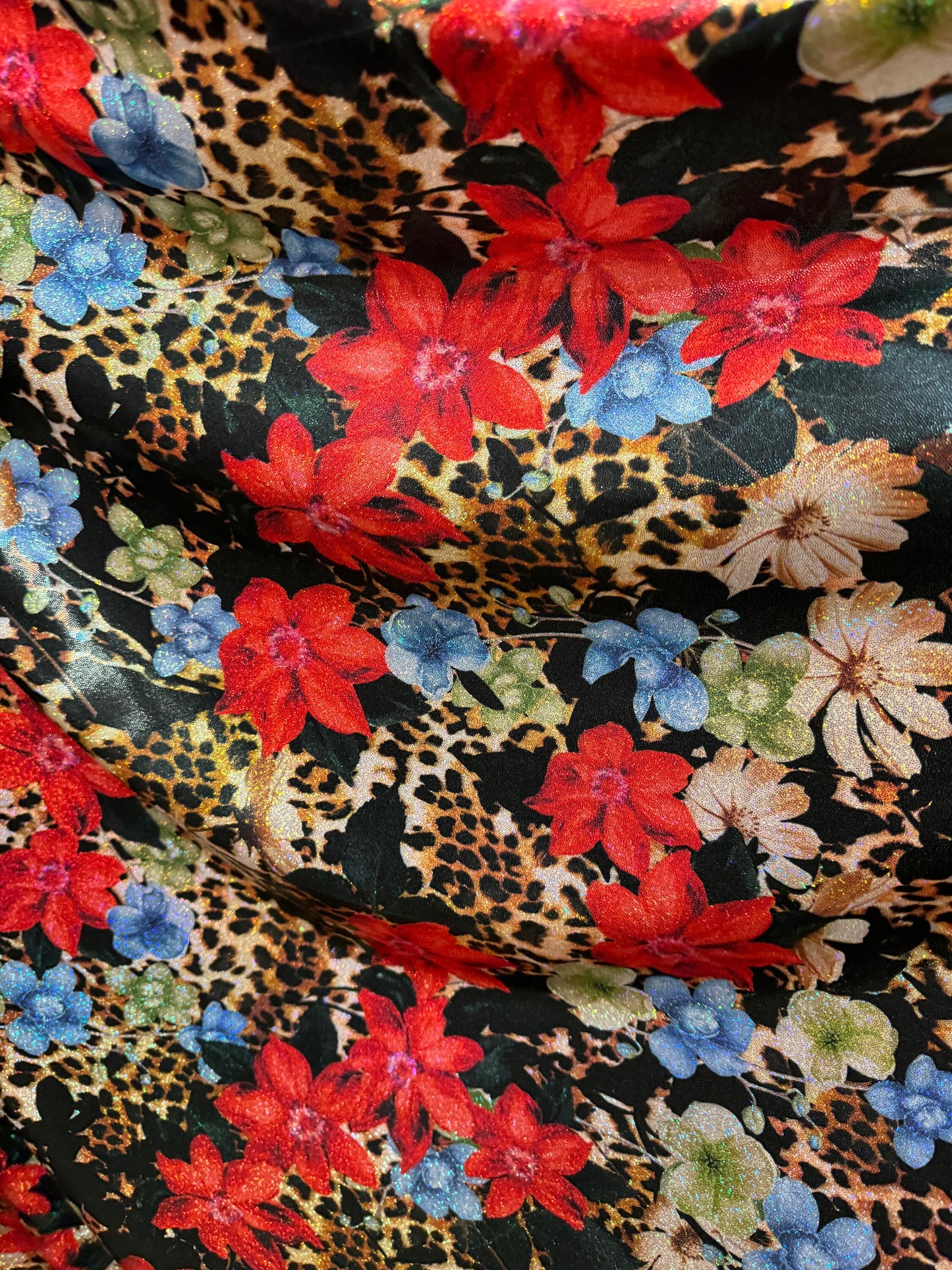 New Romantic flower design on hologram foggy foil metallic nylon spandex 4-way stretch 58/60” High quality fabrics by AlexLAFabrics