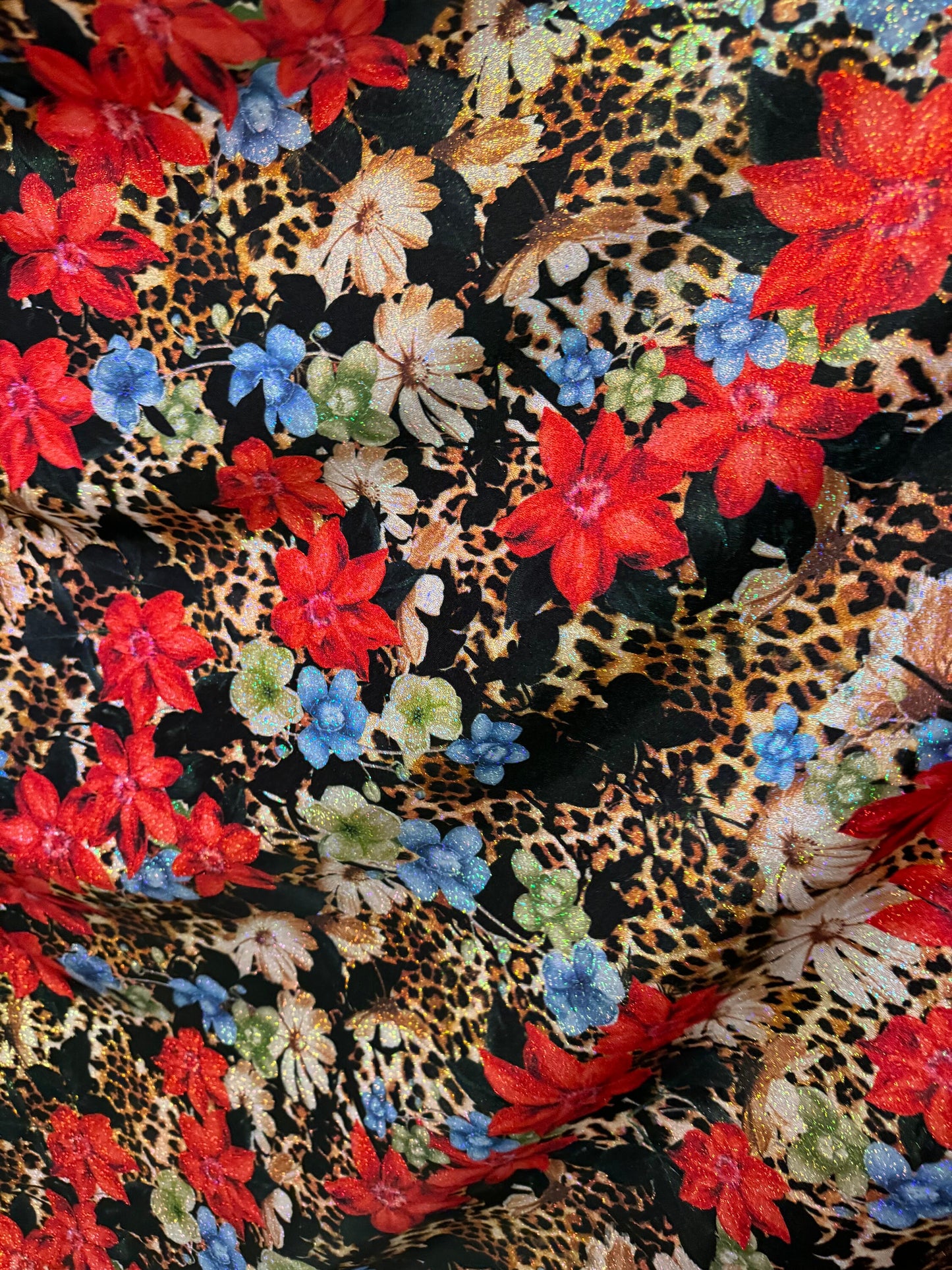 New Romantic flower design on hologram foggy foil metallic nylon spandex 4-way stretch 58/60” High quality fabrics by AlexLAFabrics
