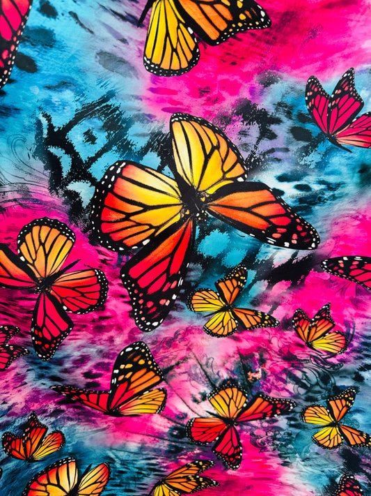 Luxury Butterfly design multicolor print on great quality of poly spandex 4-way stretch 58/60”