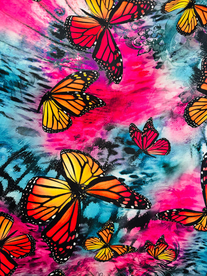 Luxury Butterfly design multicolor print on great quality of poly spandex 4-way stretch 58/60”