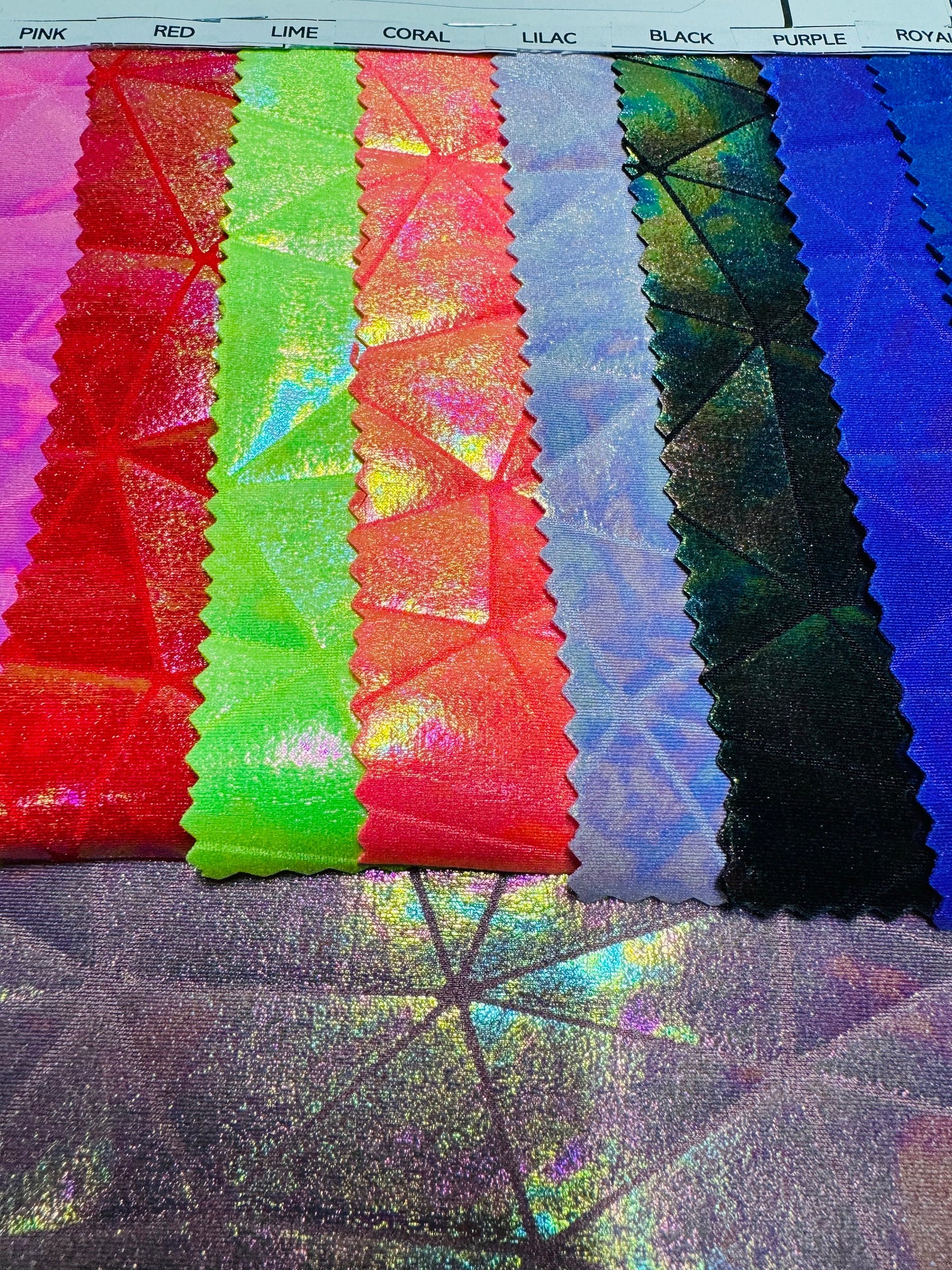 Luxury shattered glass design iridescent all over foil on nylon spandex 4-way stretch 58/60”