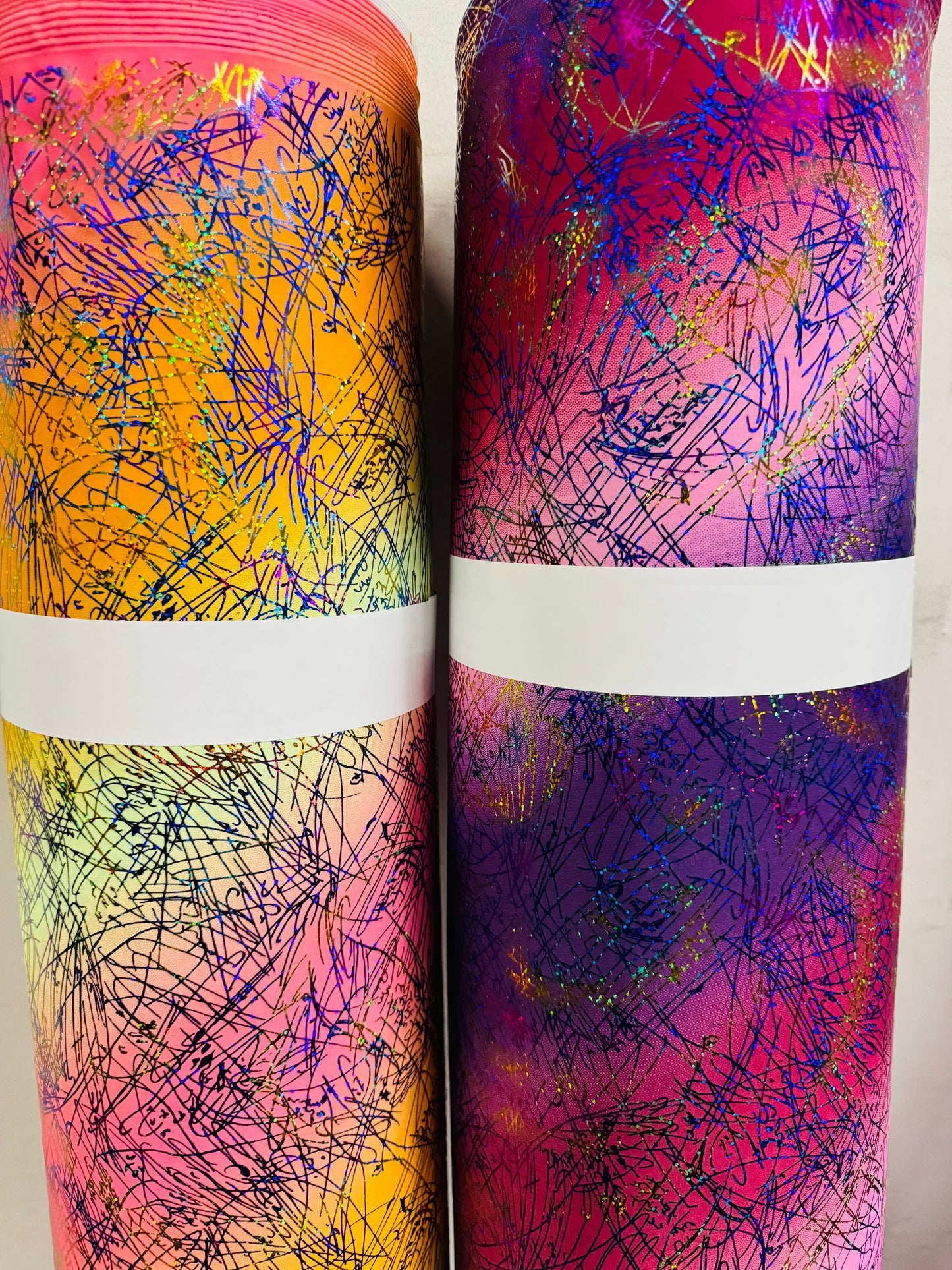 New tie dye Bang Bang design hologram metallic nylon spandex with hologram foil 4-way stretch 58/60”