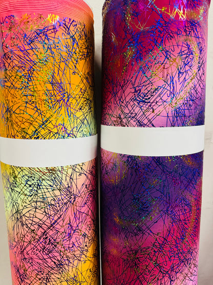 New tie dye Bang Bang design hologram metallic nylon spandex with hologram foil 4-way stretch 58/60”