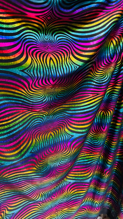 Rainbow abstract design hologram metallic poly spandex 2-way stretch 58/60”