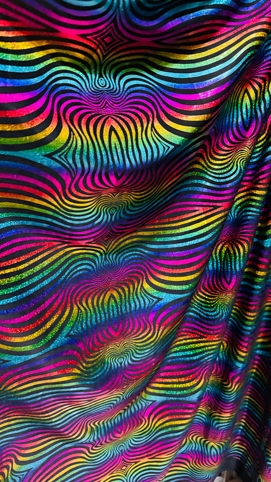 Rainbow abstract design hologram metallic poly spandex 2-way stretch 58/60”