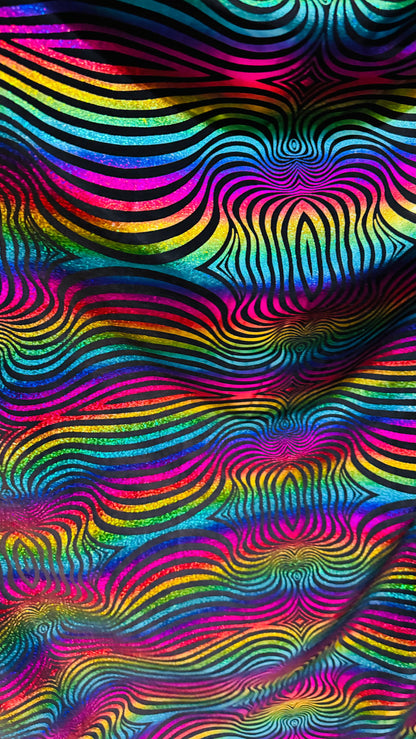 Rainbow abstract design hologram metallic poly spandex 2-way stretch 58/60”