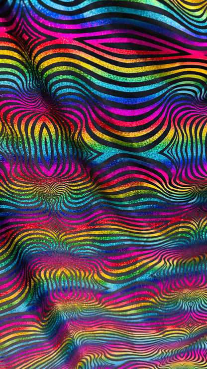 Rainbow abstract design hologram metallic poly spandex 2-way stretch 58/60”