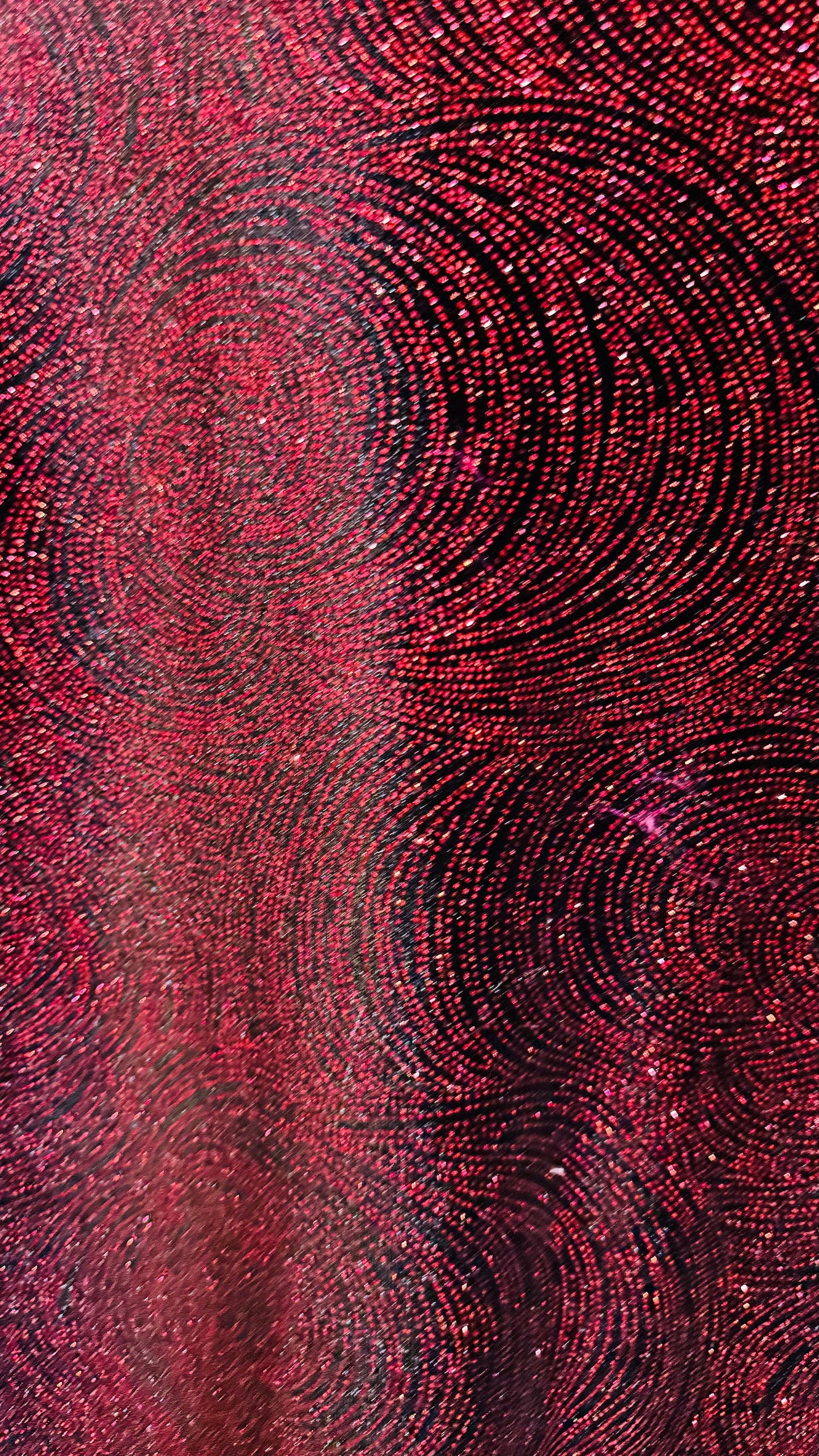 Swirl design on stretch velvet with glitter black/red 4-way stretch 58/60”