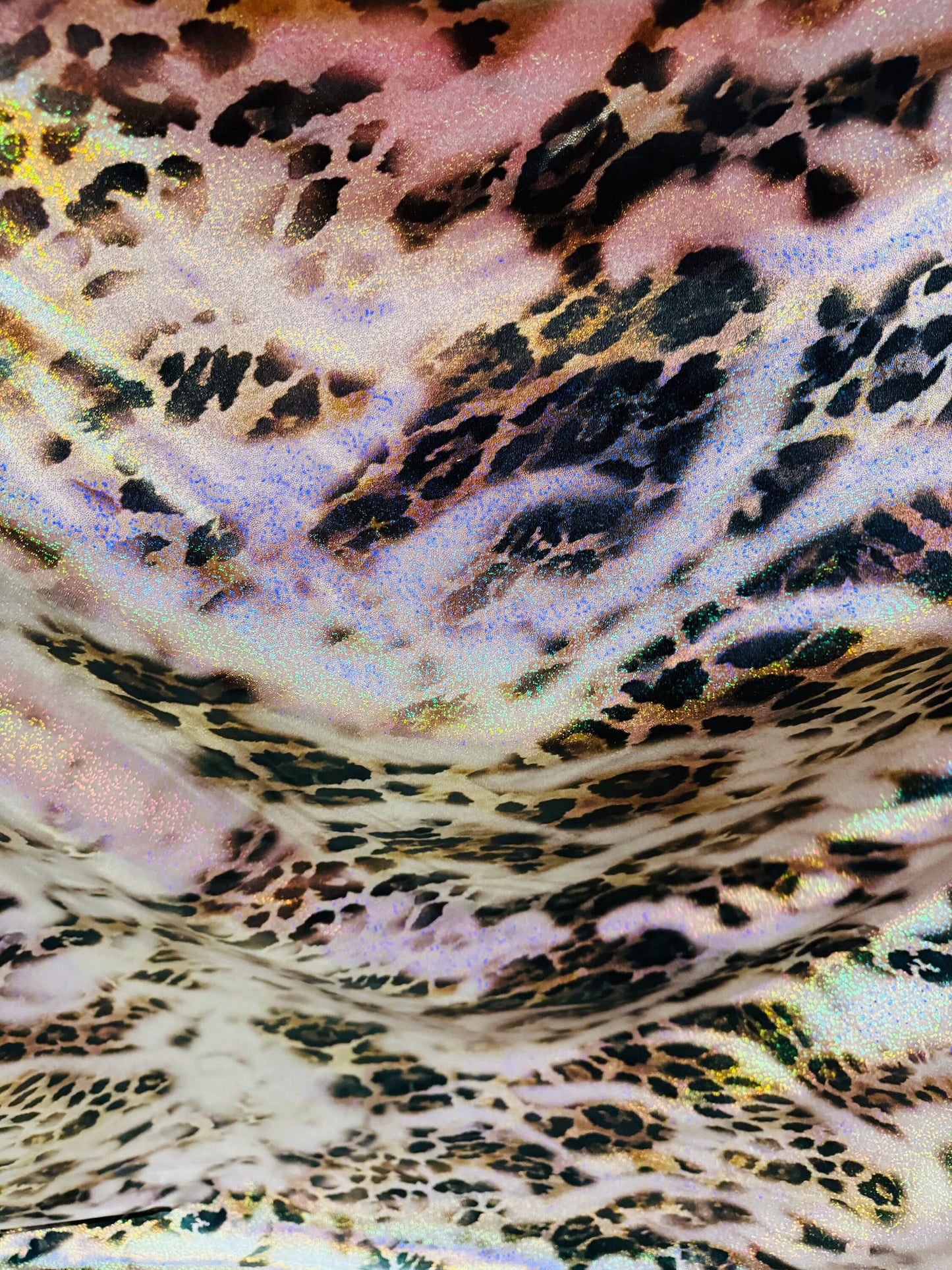 New Hiding Leopard design on metallic nylon spandex with hologram foil 4-way stretch 58/60” High quality fabrics by AlexLAFabrics