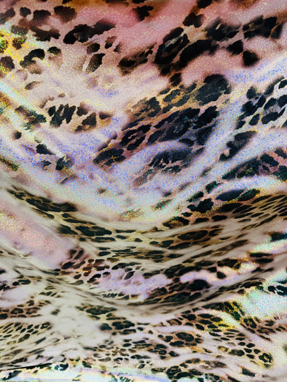 New Hiding Leopard design on metallic nylon spandex with hologram foil 4-way stretch 58/60” High quality fabrics by AlexLAFabrics