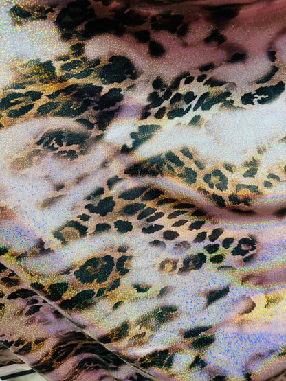 New Hiding Leopard design on metallic nylon spandex with hologram foil 4-way stretch 58/60” High quality fabrics by AlexLAFabrics