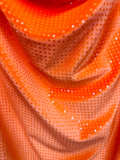 Neón Orange stretch velvet with sequins 4-way spandex 58/60” High quality fabrics by AlexLAFabrics