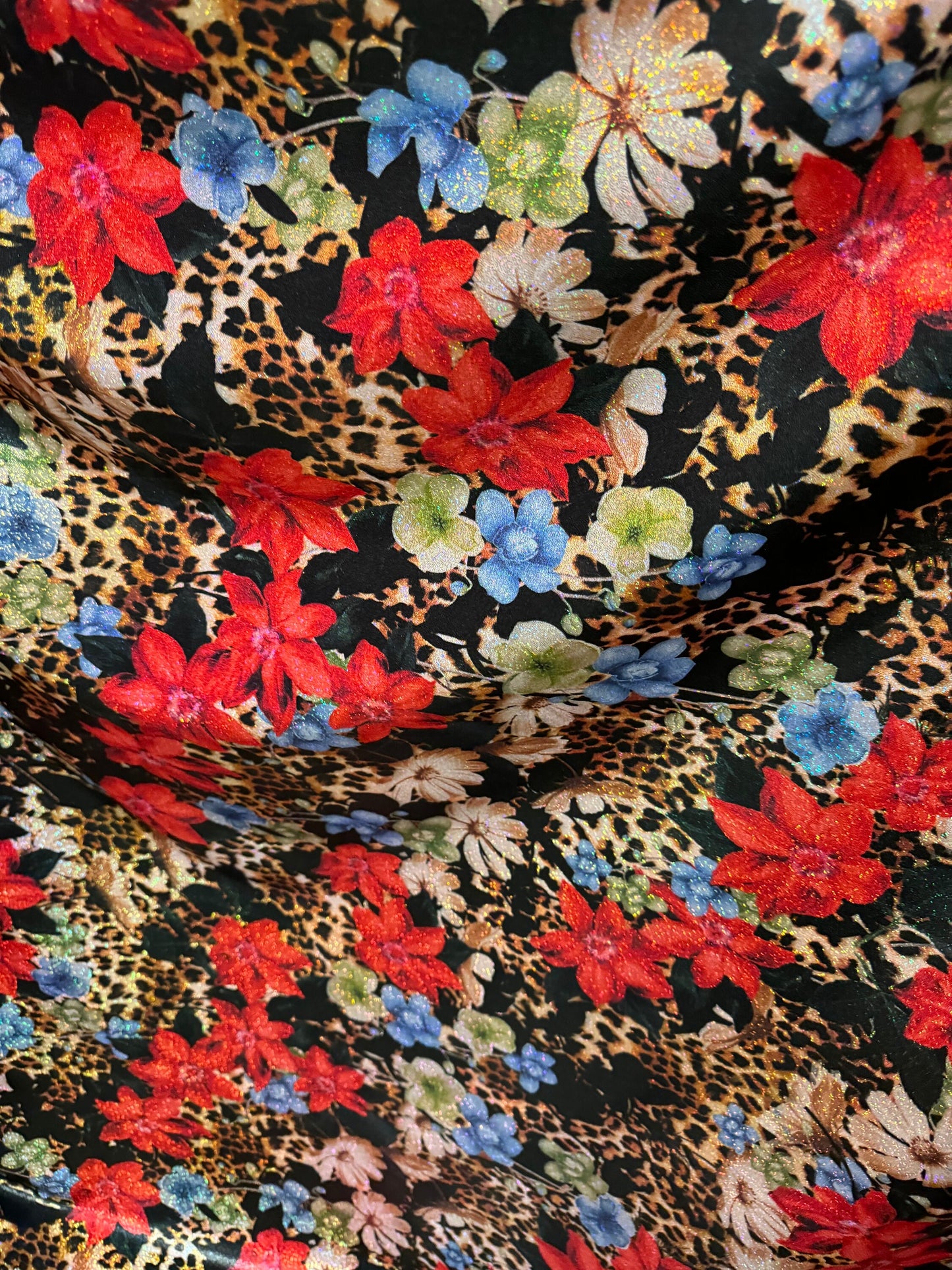 New Romantic flower design on hologram foggy foil metallic nylon spandex 4-way stretch 58/60” High quality fabrics by AlexLAFabrics