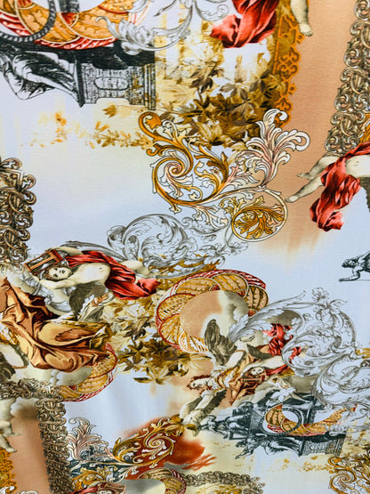 New celestial angels design print on poly spandex medium weight 2-way stretch 58/60”