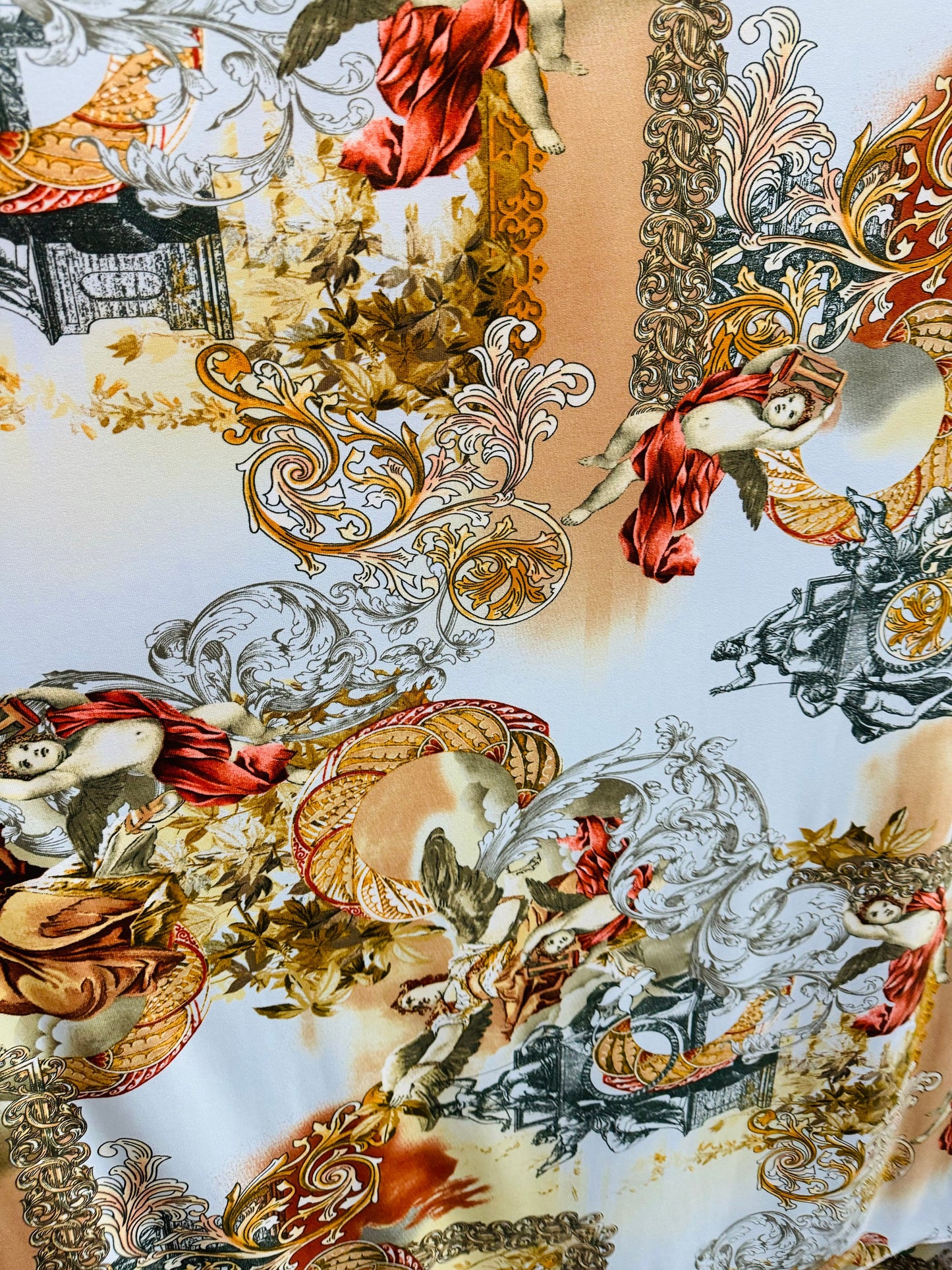 New celestial angels design print on poly spandex medium weight 2-way stretch 58/60”