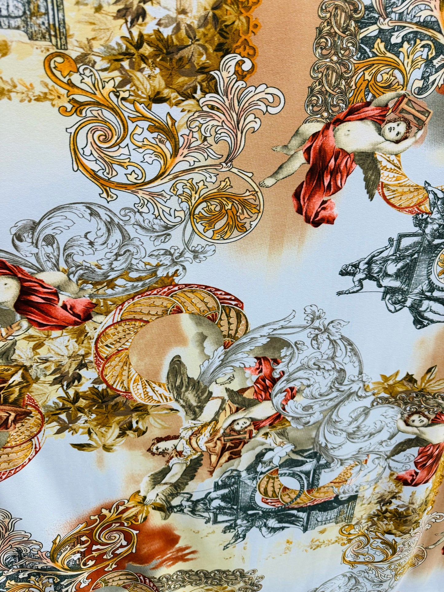 New celestial angels design print on poly spandex medium weight 2-way stretch 58/60”