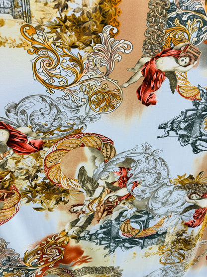 New celestial angels design print on poly spandex medium weight 2-way stretch 58/60”
