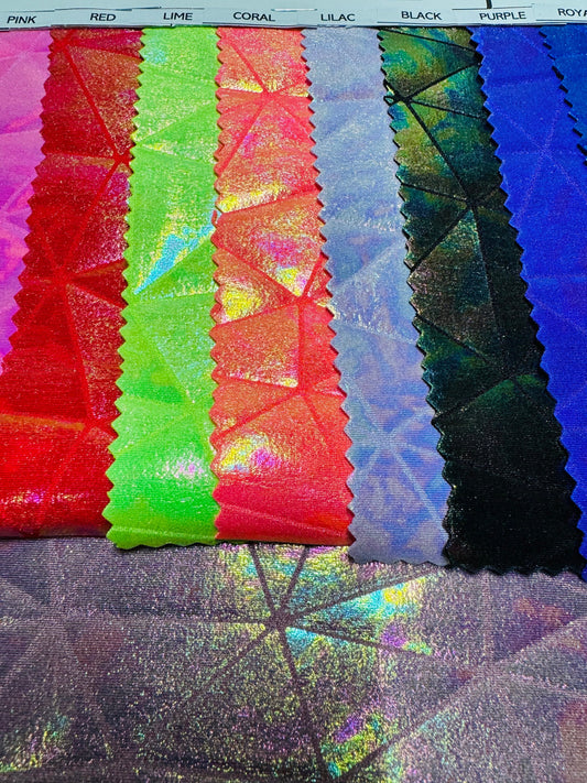 Luxury shattered glass design iridescent all over foil on nylon spandex 4-way stretch 58/60”
