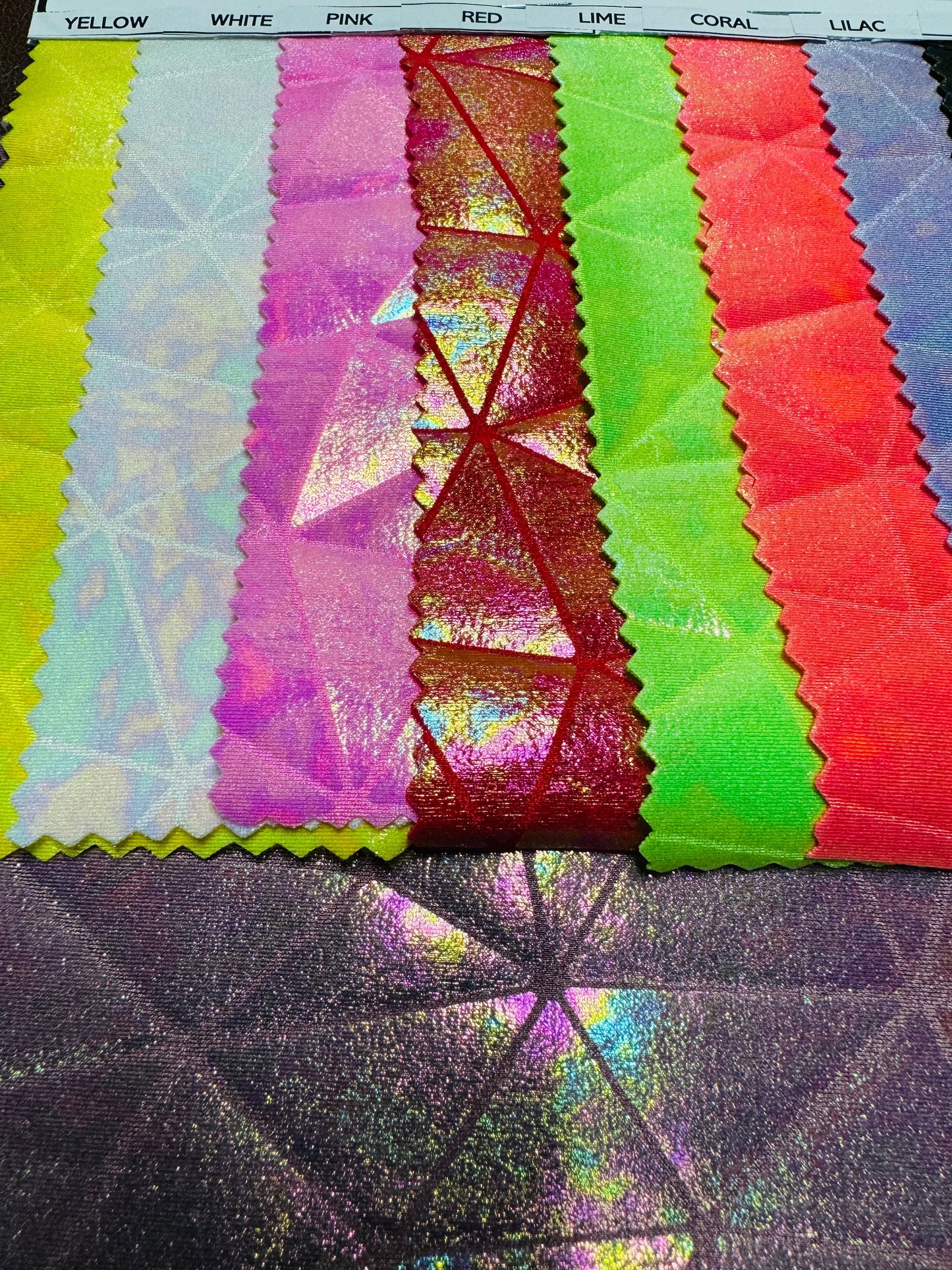 Luxury shattered glass design iridescent all over foil on nylon spandex 4-way stretch 58/60”