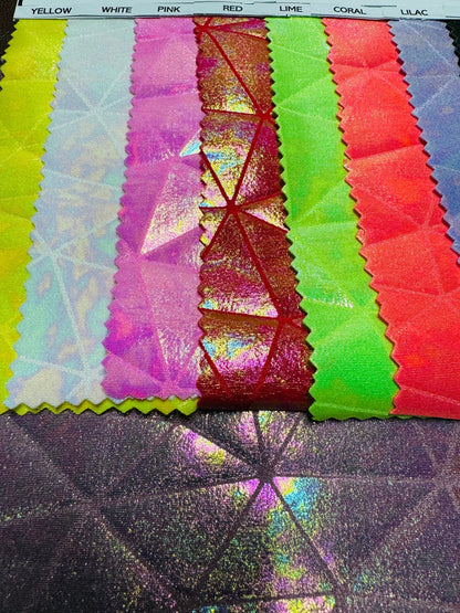 Luxury shattered glass design iridescent all over foil on nylon spandex 4-way stretch 58/60”