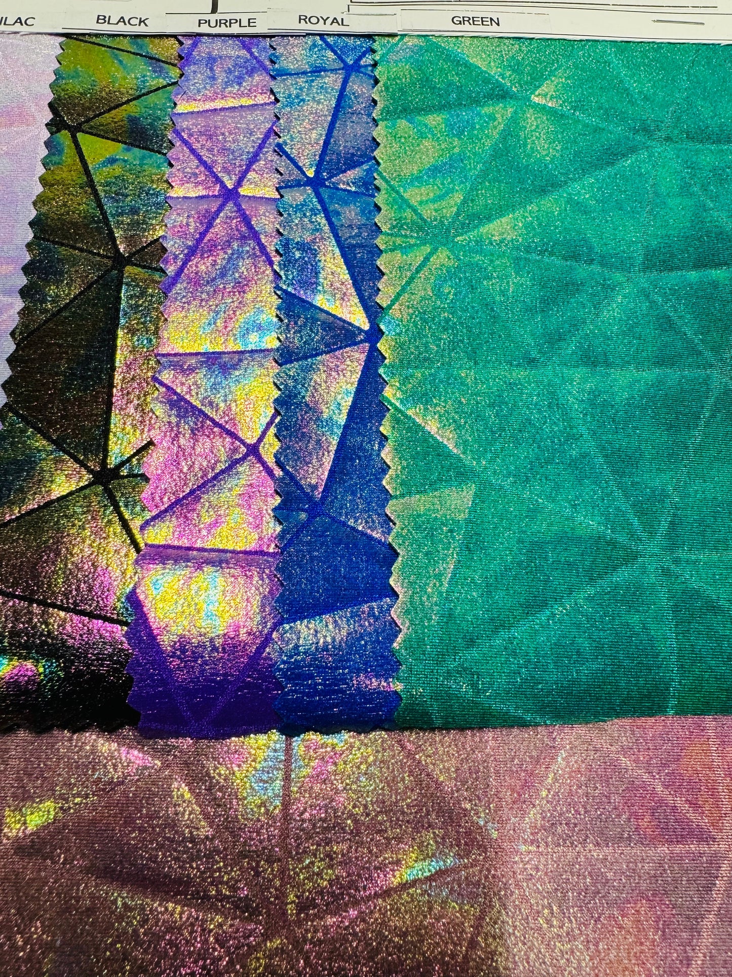 Luxury shattered glass design iridescent all over foil on nylon spandex 4-way stretch 58/60”