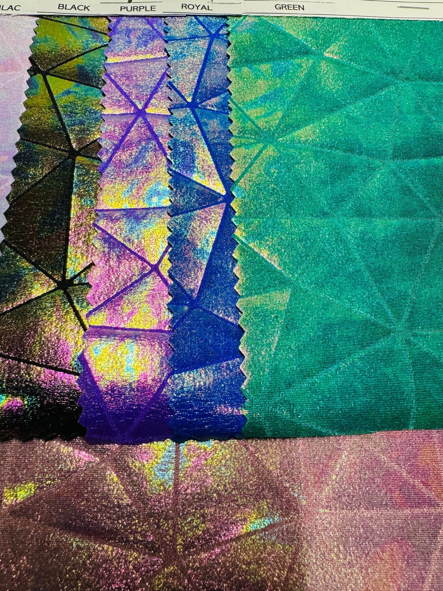 Luxury shattered glass design iridescent all over foil on nylon spandex 4-way stretch 58/60”