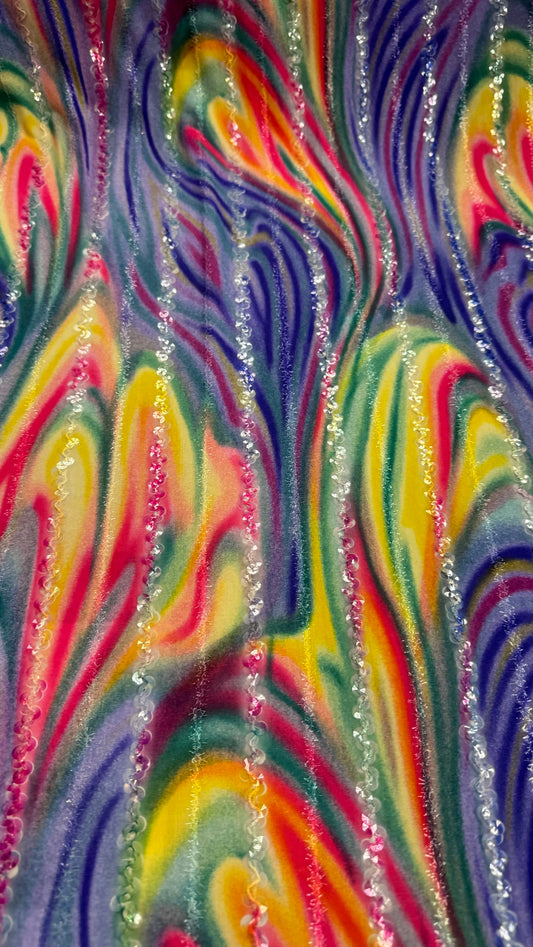 New tie dye spandex with clear sequins embroidered 4-way stretch 45/47”