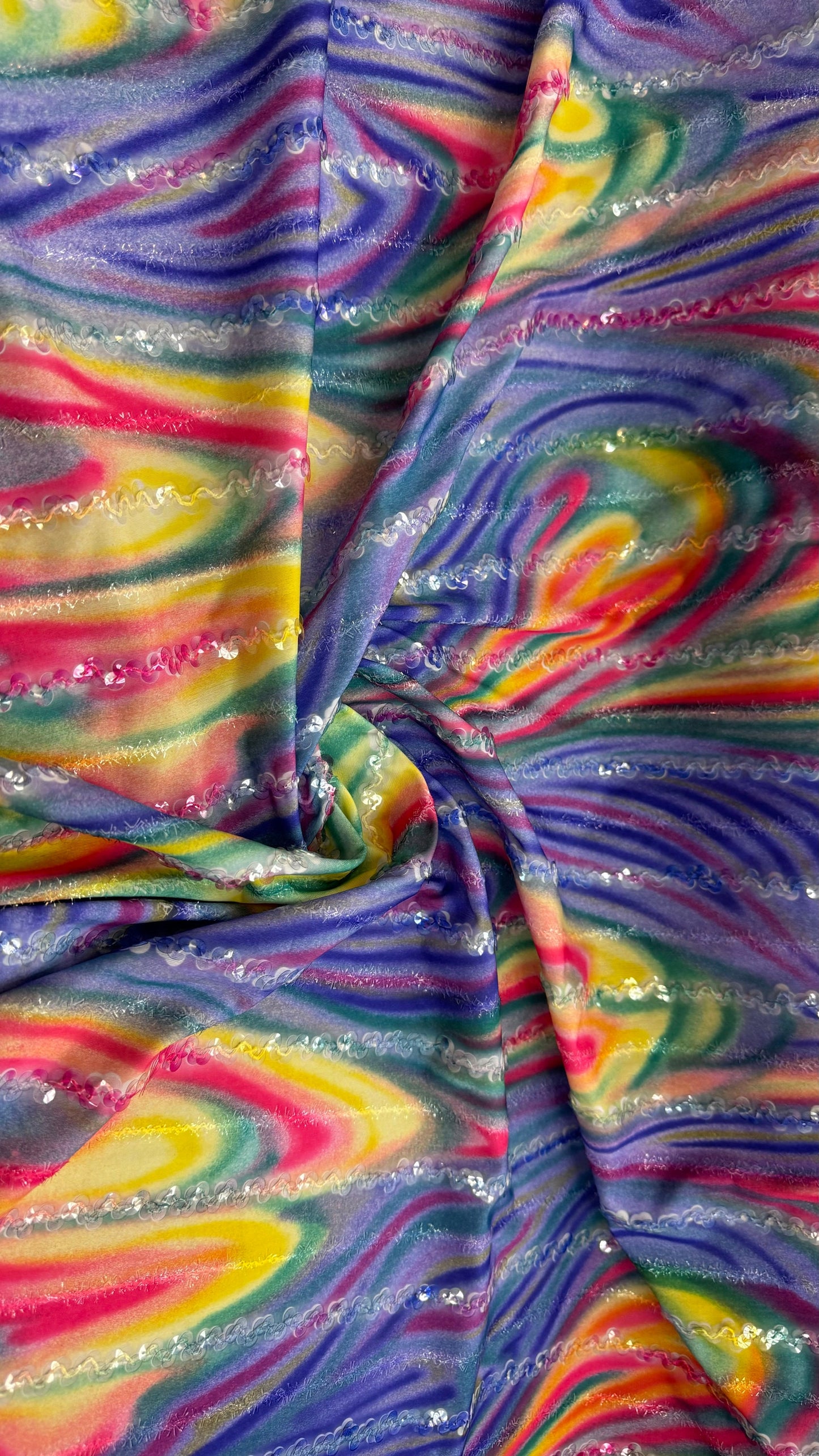 New tie dye spandex with clear sequins embroidered 4-way stretch 45/47”