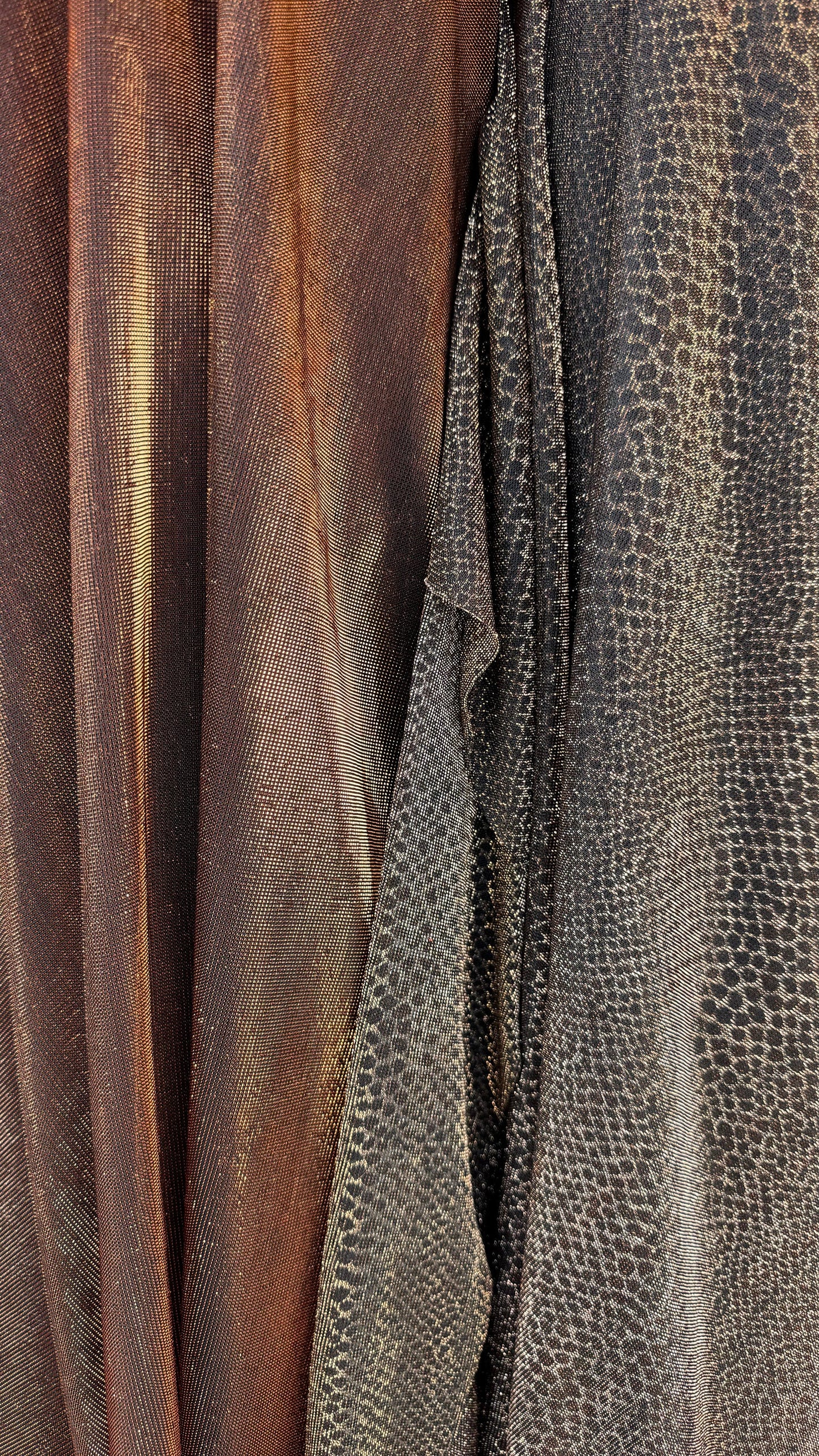 Metallic iridescence mesh plain copper and snake skin copper 2-way stretch 58/60” High quality fabrics by AlexLAFabrics