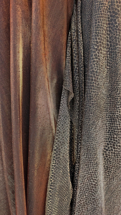 Metallic iridescence mesh plain copper and snake skin copper 2-way stretch 58/60” High quality fabrics by AlexLAFabrics
