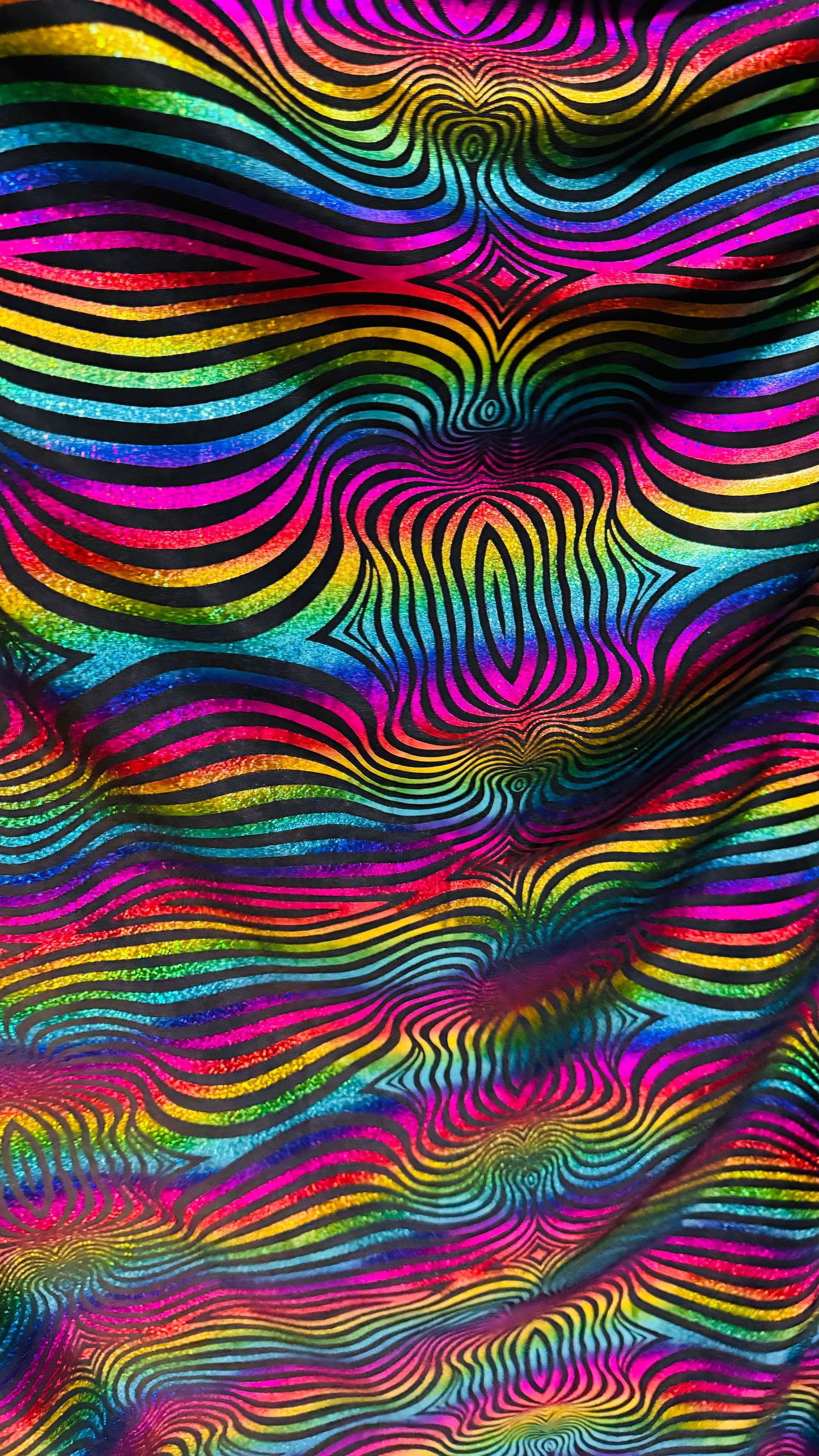 Rainbow abstract design hologram metallic poly spandex 2-way stretch 58/60”