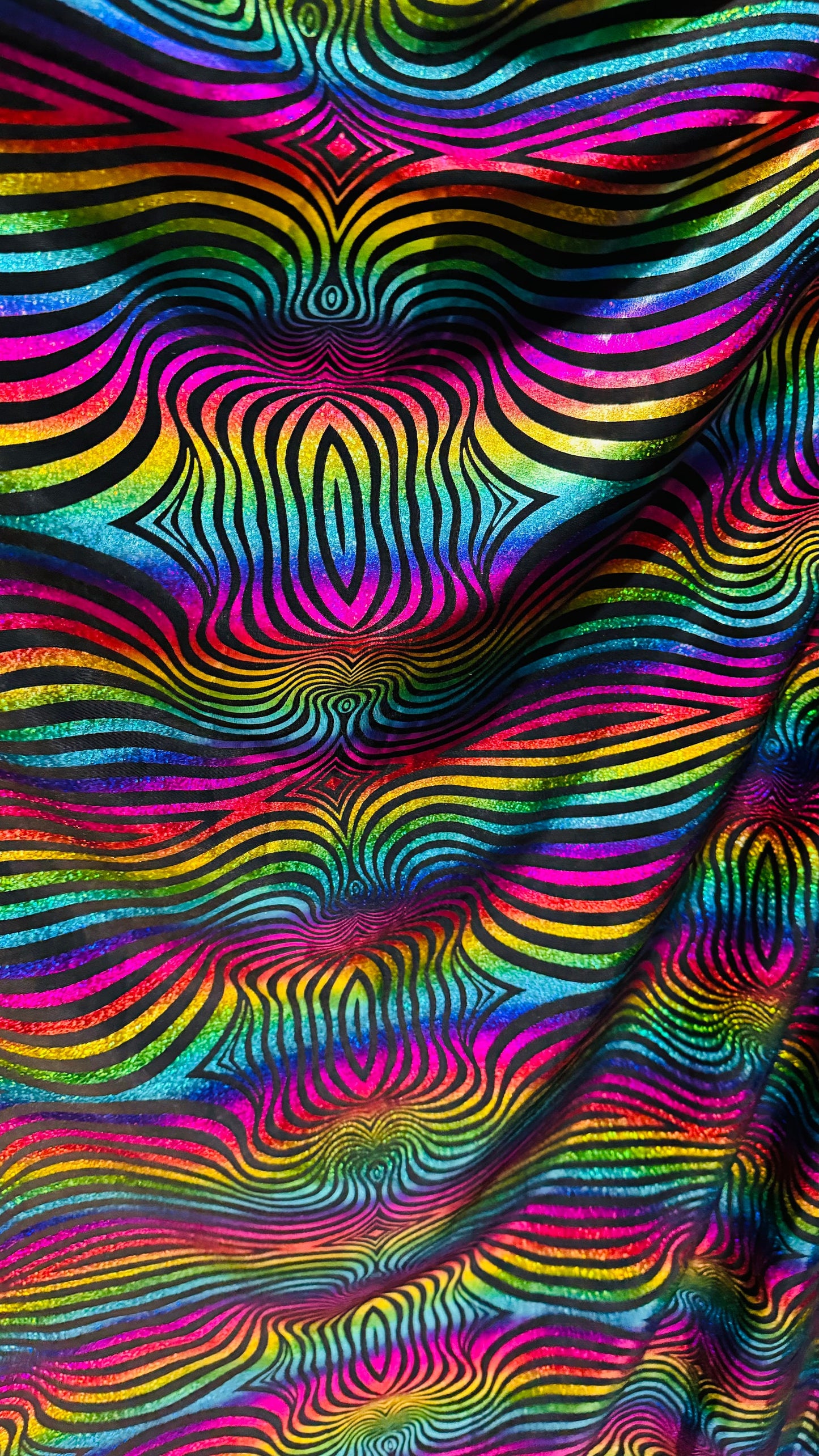 Rainbow abstract design hologram metallic poly spandex 2-way stretch 58/60”
