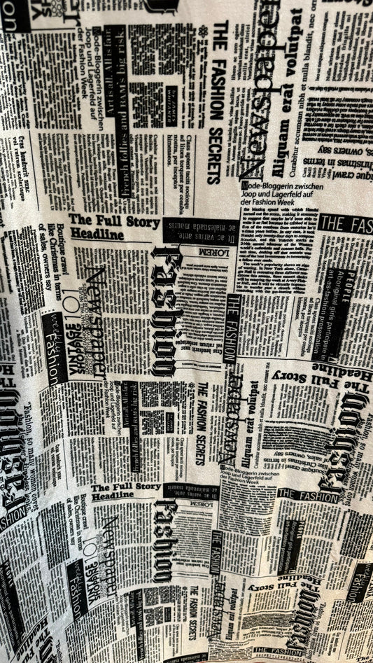 News paper design print on great quality of stretch velvet 4-way stretch 58/60” High quality fabrics by AlexLAFabrics