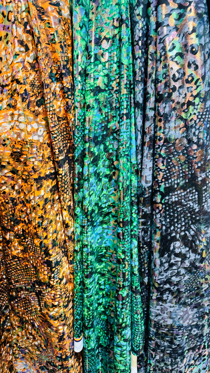 New Luxury Iridescent snake design hologram metallic nylon spandex 4-way stretch 58/60” High quality fabrics by AlexLAFabrics