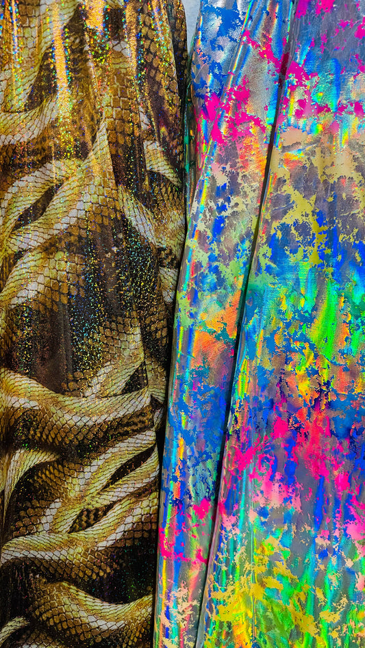 New Hologram King cobra design and splatter paint rainbow both metallic nylon spandex 4-way stretch 58/60” High quality fabrics by AlexLAFab